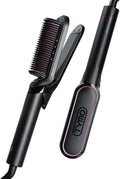 Flat Iron Hair Straightener Brush 2 in 1, 200M Ions Hair Straighteners for Women, Ceramic Straightening Hot Comb for Anti-Frizz Straights, Waves, Curl, 3X Less Heat Damage, Dual Voltage, Black