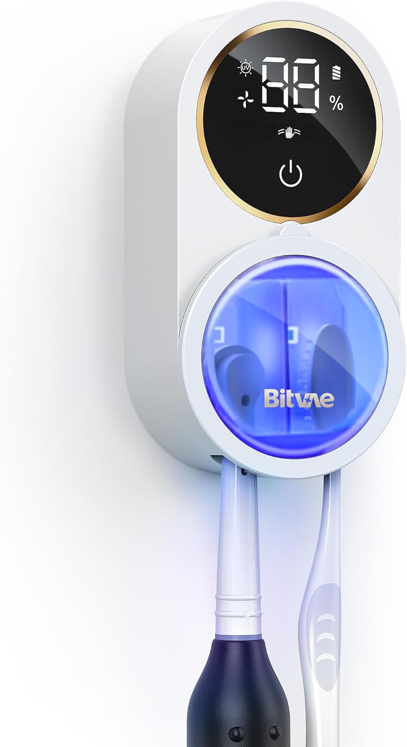 Upgraded Tooth Brush Holder for Bathroom 2.0, Infrared Sensing Toothbrush Cleaner, Wall-Mounted for Most Size Toothbrushes, Air Drying, LED Smart Screen, White Gold Trim