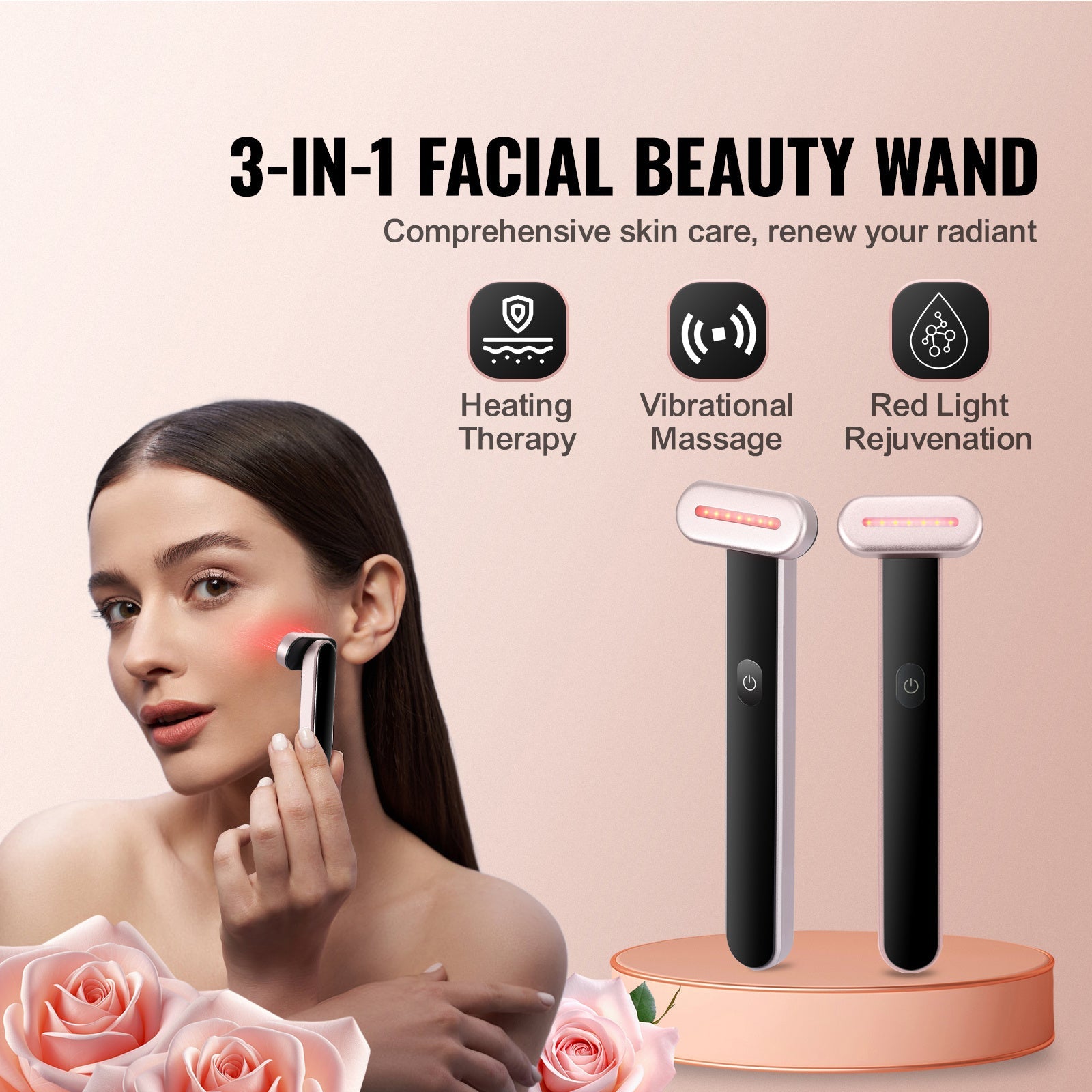 VEVOR Red Light Therapy Wand For Face, 7Color LED Facial Wand Red Light Therapy Device With Heatig Therapy Microcurrent Vibrating Massage, Portable LED Beauty Wand For Face, Neck