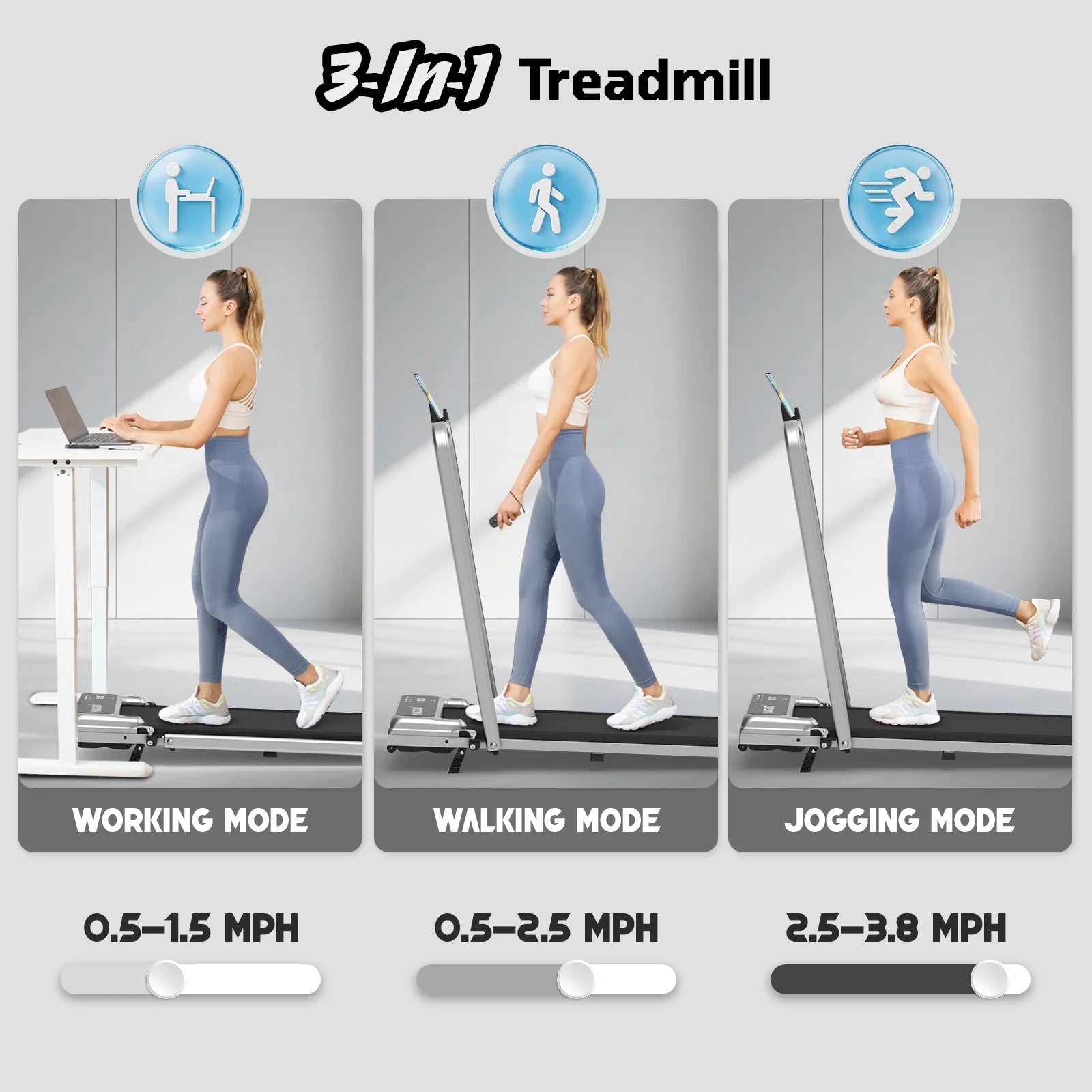 Walking Pad Treadmill with Handle Bar and Adjustable Incline, 3.8HP Portable Electric Treadmills with Wheels for Home, Home Treadmills with Incline, 0.5-3.8MPH, Silver