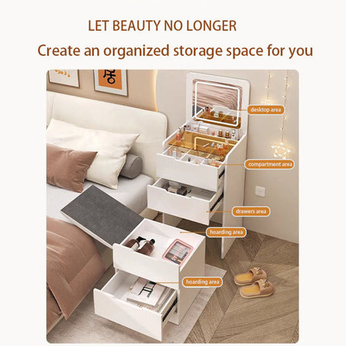 3 In 1 Dressing Table With Flip Mirror And Light, Small Makeup Vanity Set With Viewing Glass Tabletop, 3 Drawers, Storage Stool, 3 Color Lighted Mirror, Bedroom Dressing Table For Small Spaces