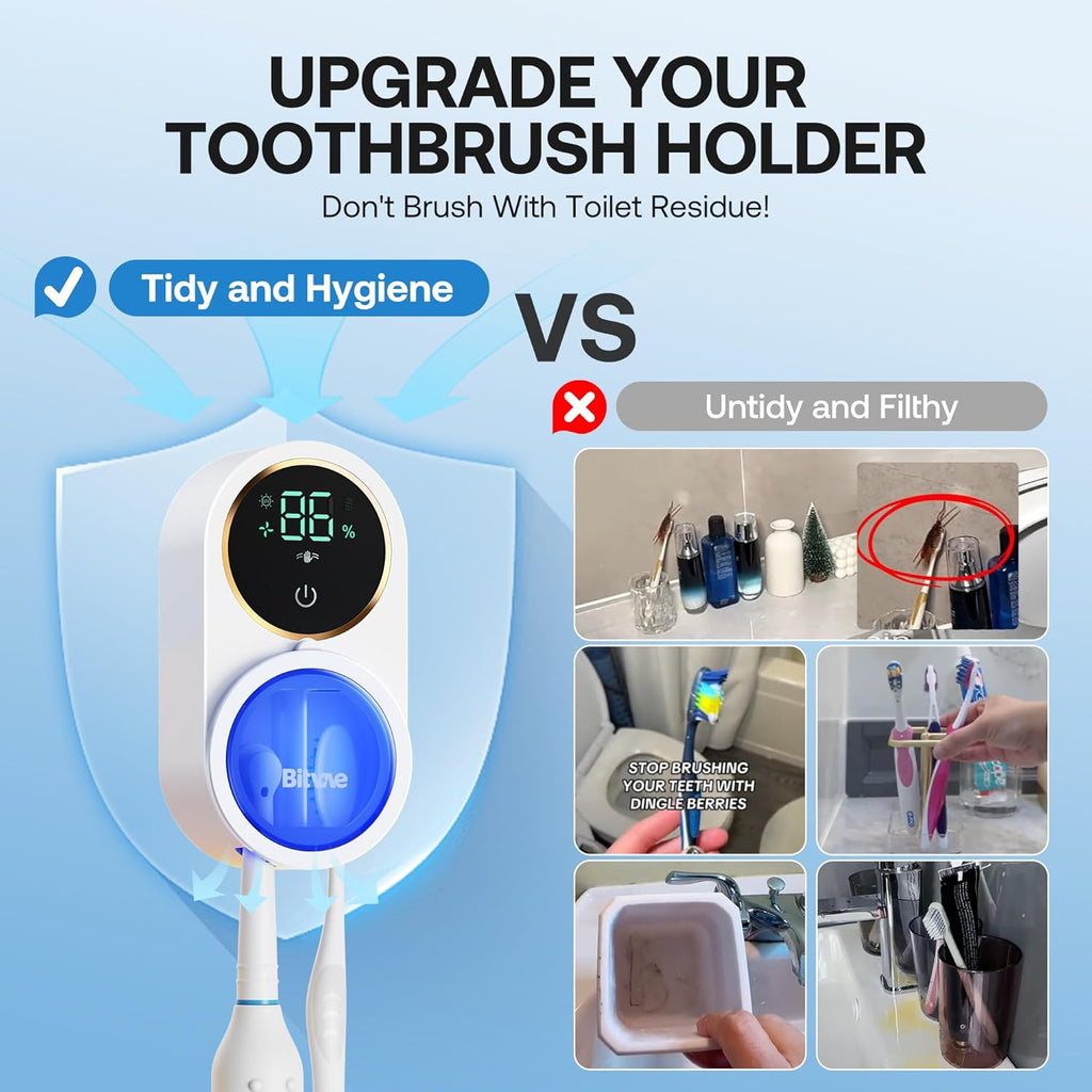 Upgraded Tooth Brush Holder for Bathroom 2.0, Infrared Sensing Toothbrush Cleaner, Wall-Mounted for Most Size Toothbrushes, Air Drying, LED Smart Screen, White Gold Trim