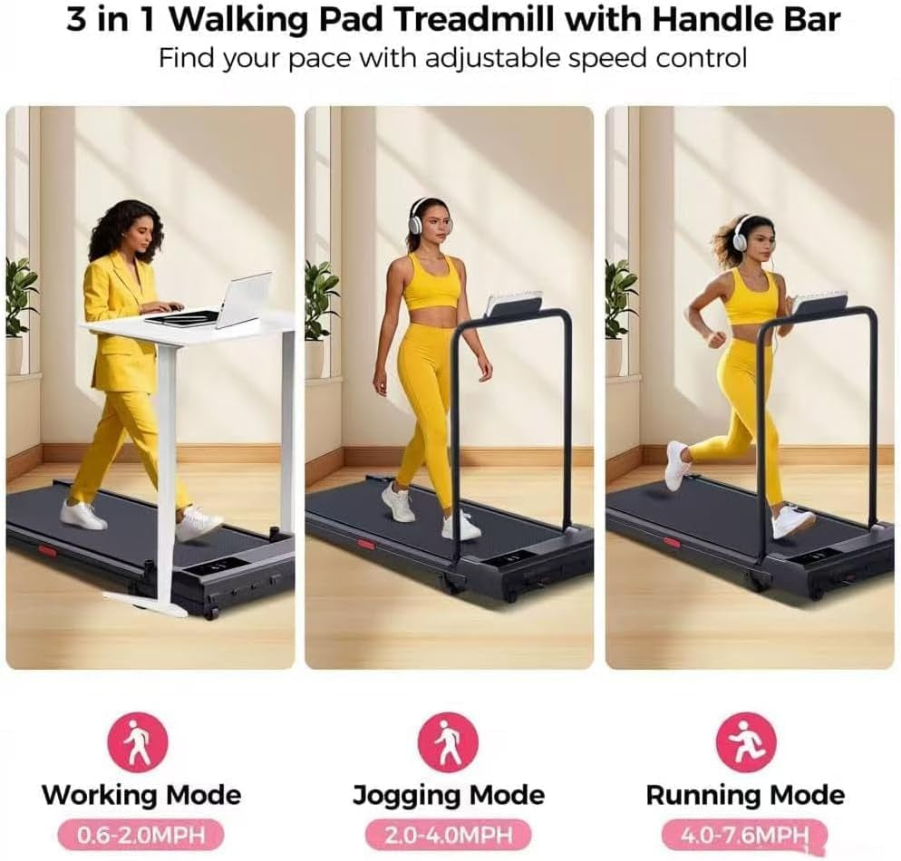 Walking Pad with Handle Bar, 2026 Upgrade Small Walking Pad Treadmill with Incline, 3.0HP Portable Treadmill with Handles for Home Small, 0.6-7.6MPH, 350LBS