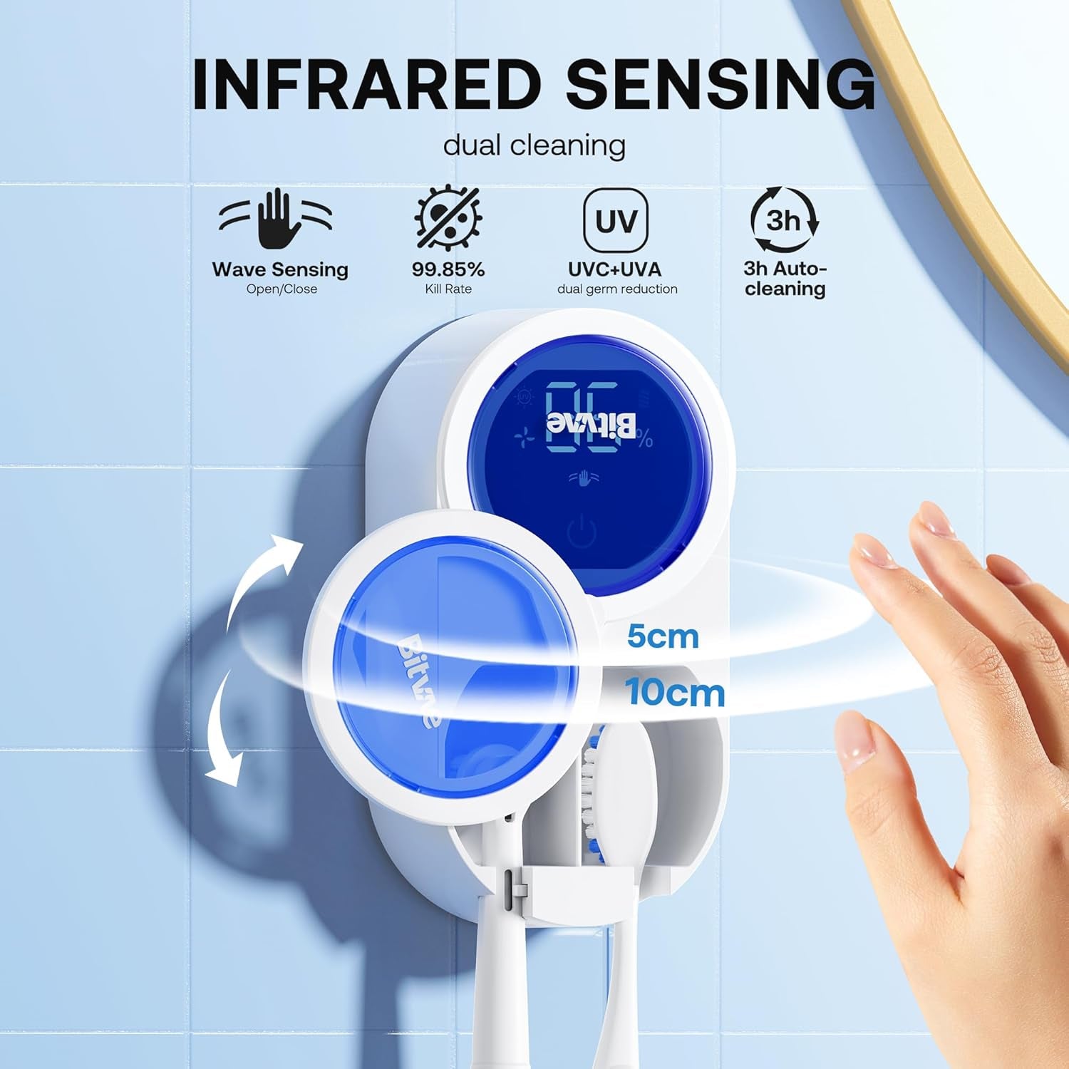 Upgraded Tooth Brush Holder for Bathroom 2.0, Infrared Sensing Toothbrush Cleaner, Wall-Mounted for Most Size Toothbrushes, Air Drying, LED Smart Screen, White Gold Trim
