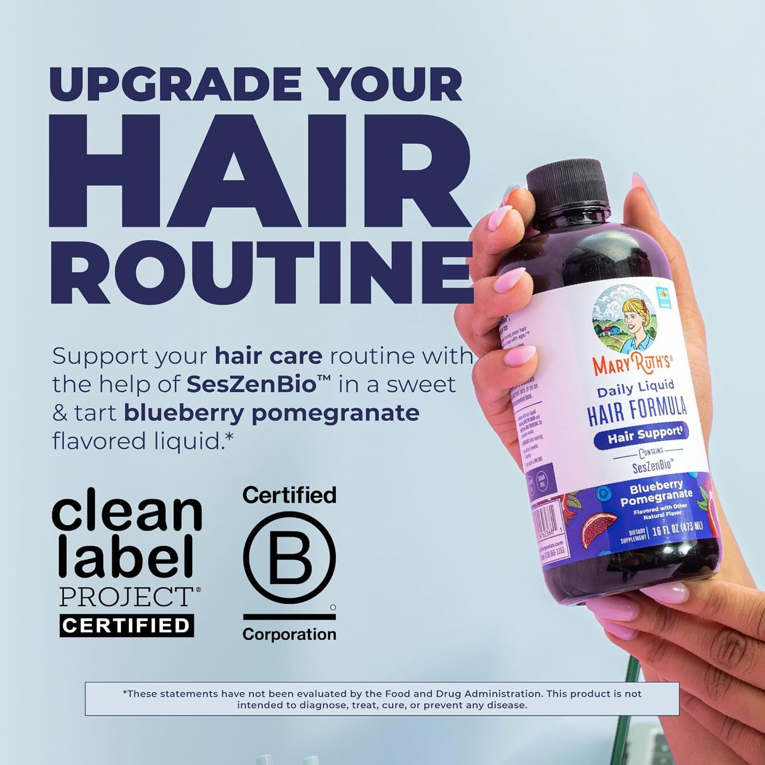 MARYRUTH'S Daily Liquid Hair Formula | with 500 Mg Seszenbio™ + 2,500 Mcg Biotin | Vitamin C | Thicker, Stronger Hair for Women | Hair, Skin, & Nail Health | Collagen Production | 16 Fl Oz