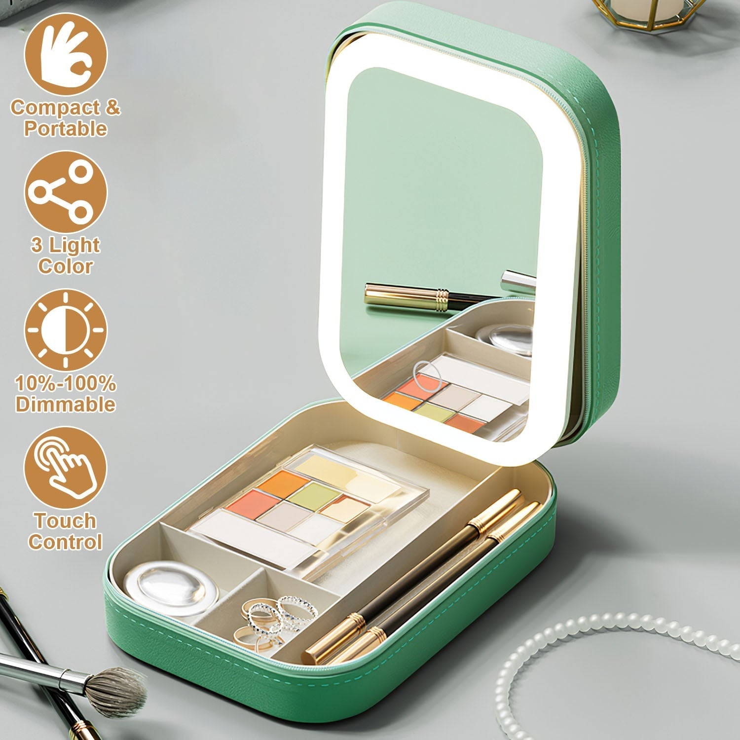 1Pc Portable Travel Makeup Bag With LED Mirror Rechargeable Beauty Mirror With 3 Color Light Dimmable Brightness Waterproof Cosmetic Bag With 4 Compartments Ideal Gift For Women