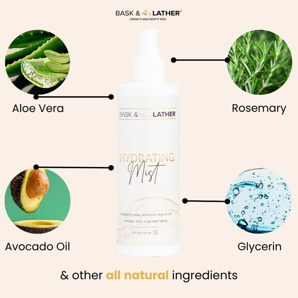 Hydrating Hair Mist, Leave-In Conditioner, Itchy Scalp Relief, Detangler, Curl Definer, Aloe Vera, Avocado Oil, for All Hair Types, 8 Oz