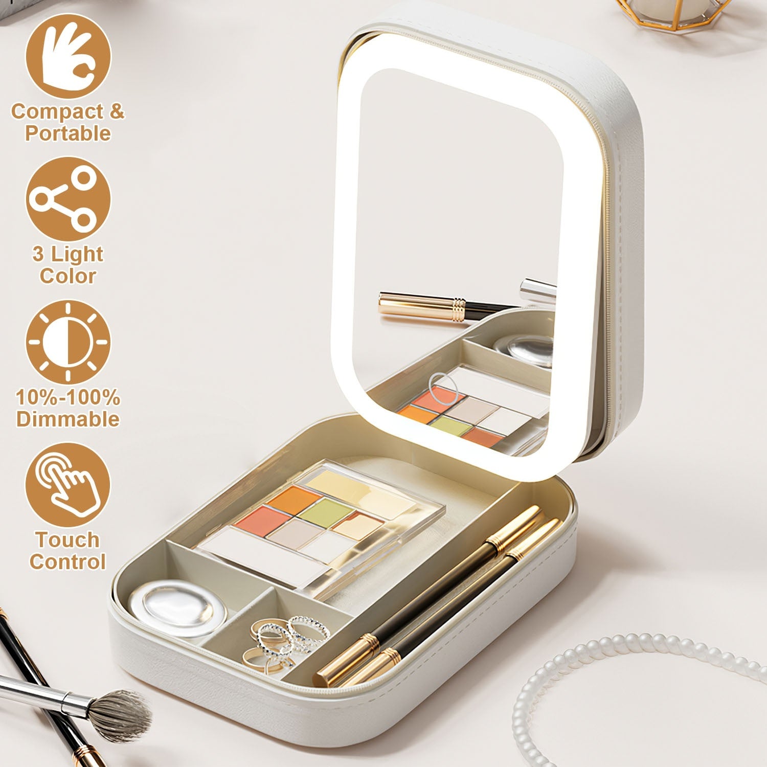 1Pc Portable Travel Makeup Bag With LED Mirror Rechargeable Beauty Mirror With 3 Color Light Dimmable Brightness Waterproof Cosmetic Bag With 4 Compartments Ideal Gift For Women